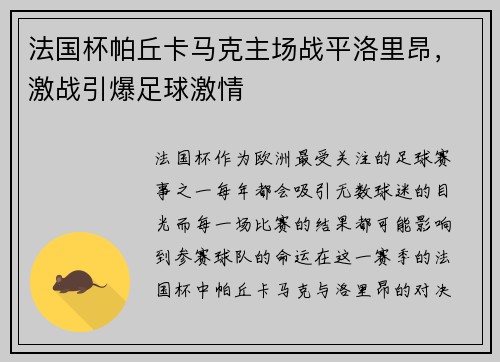 法国杯帕丘卡马克主场战平洛里昂，激战引爆足球激情