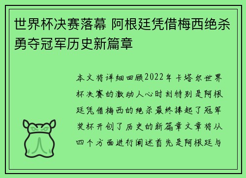 世界杯决赛落幕 阿根廷凭借梅西绝杀勇夺冠军历史新篇章